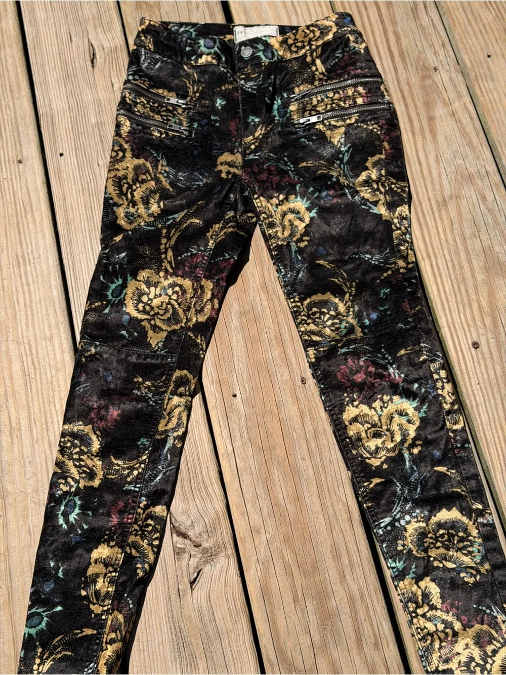 Free People Black Skinny Jeans with Gold Floral Jacquard